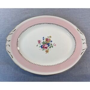 Homer Laughlin Eggshell Georgian Pink Floral Oval Serving Platter Gold Trim